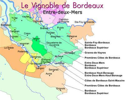 Carte vignoble de bordeaux entre deux mers